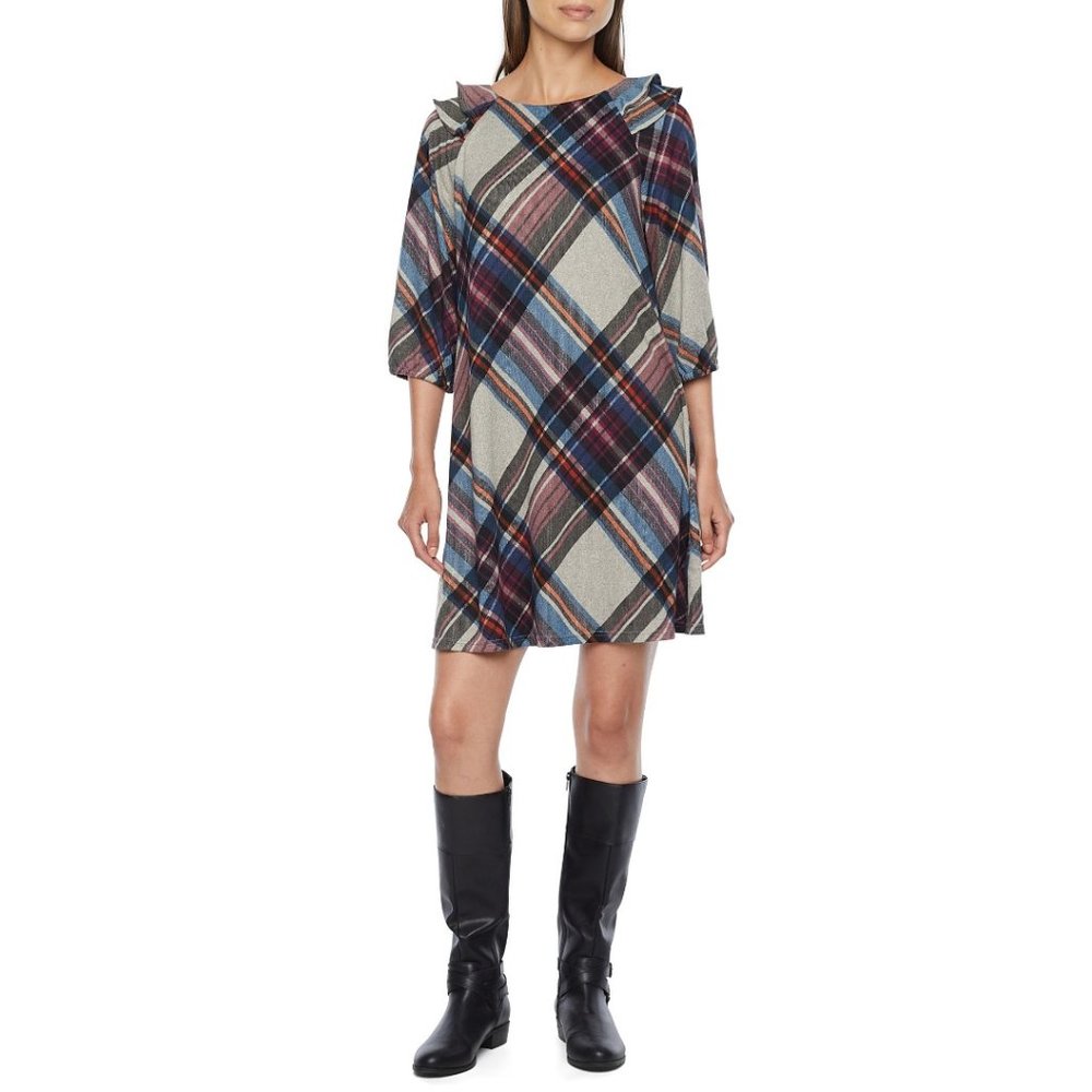 R & K Originals 3/4 Sleeve Plaid Shift Dress